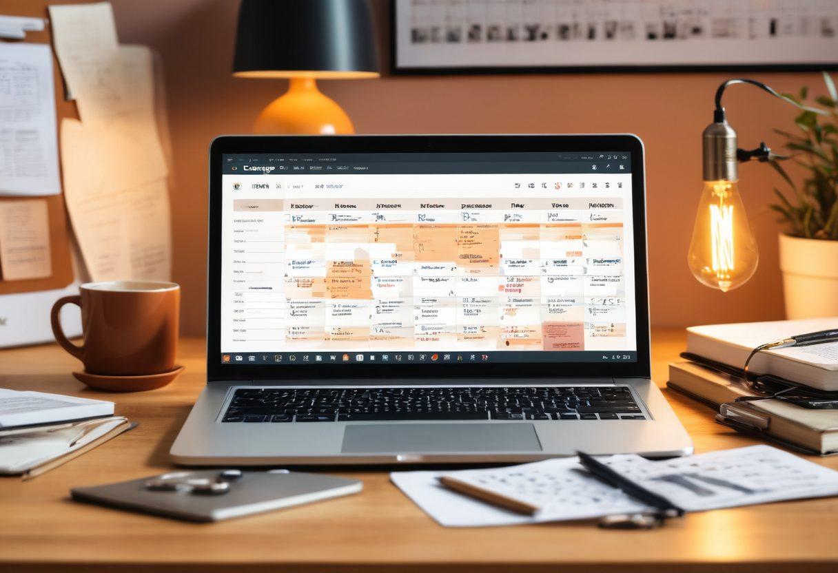 A creative workspace with a laptop displaying a blog dashboard, surrounded by notes and books on SEO strategies. A coffee cup beside it exuding warmth, with a light bulb graphic above symbolizing ideas and innovation. In the background, a calendar highlighting important content dates. warm colors, modern design, flat lay style.