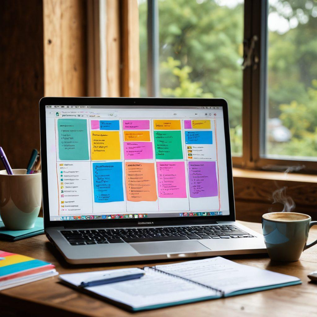 An open laptop on a wooden desk with a steaming coffee mug beside it, surrounded by colorful notepads and pens. The screen displays a vibrant digital flowchart with keywords like 'Engagement', 'SEO', and 'Creativity'. A window in the background shows a sunny day outside, enhancing a cozy workspace vibe. Illustrate elements of technology and creativity blending seamlessly. super-realistic. vibrant colors. cozy ambiance.