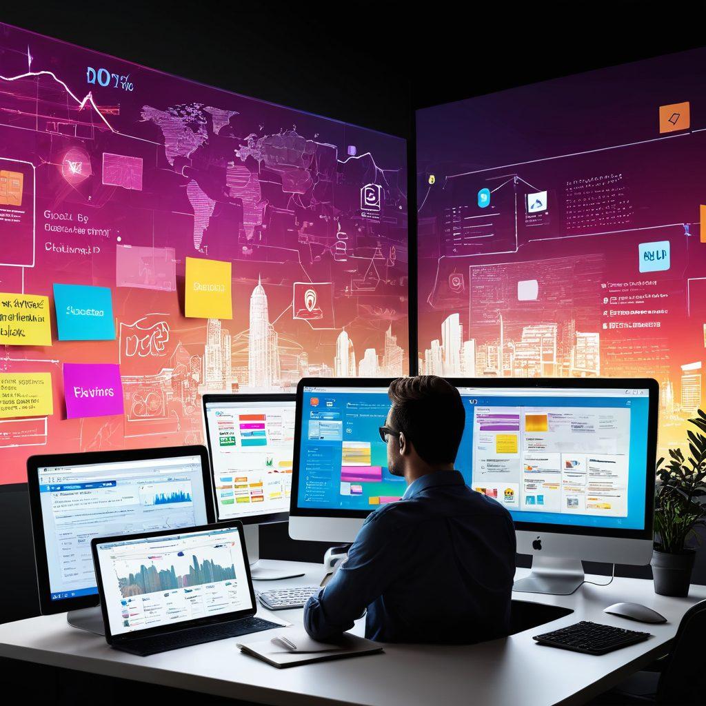 A digital landscape showcasing a computer screen displaying vibrant web designs, surrounded by social media icons floating in the air. In the foreground, a person brainstorming ideas with colorful sticky notes, symbolizing creativity and strategy. Incorporate elements of analytics graphs and outreach concepts, blending them seamlessly into the scene. The background features a dynamic skyline with digital overlays, representing the digital outreach concept. super-realistic. vibrant colors. 3D.